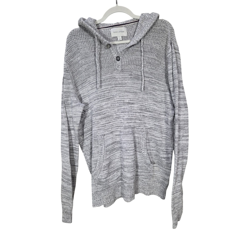 Sun + Stone Hoodie Mens Large Gray Knit Henley Pullover Casual Coastal Beachy